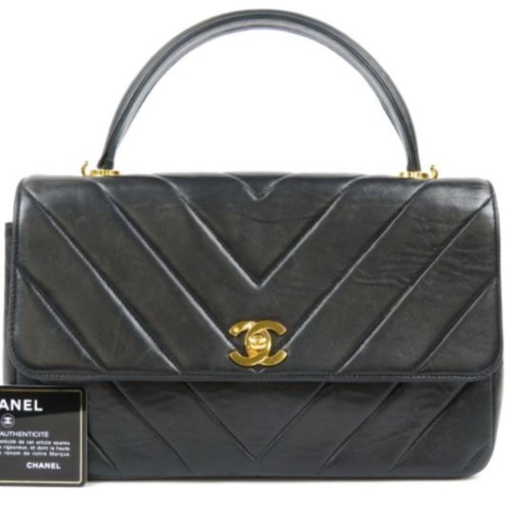 CHANEL Lambskin Chevron Quilted CC Dual Handle Flap Bag Black